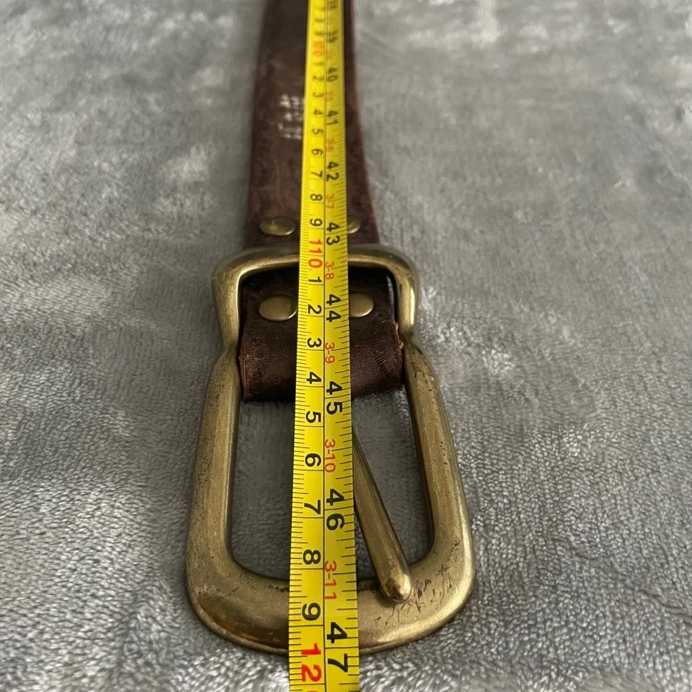 Jean Shop Leather Belt Mens L Brown Brass Buckle Distressed Scalloped Embossed